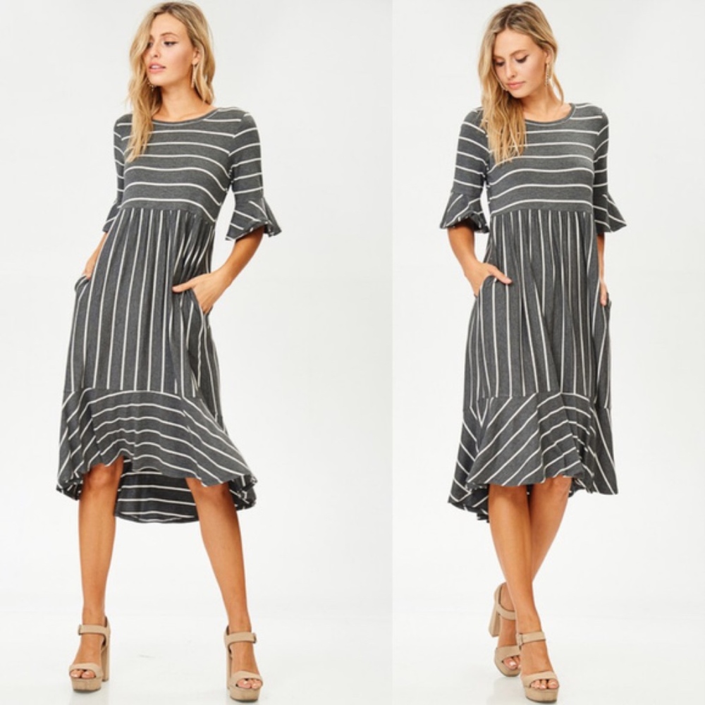 CHARLA Striped Midi Dress - CHARCOAL - Picture 1 of 2